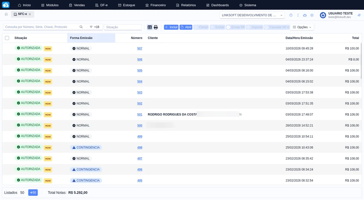 Tela do módulo Emissor NFS-e